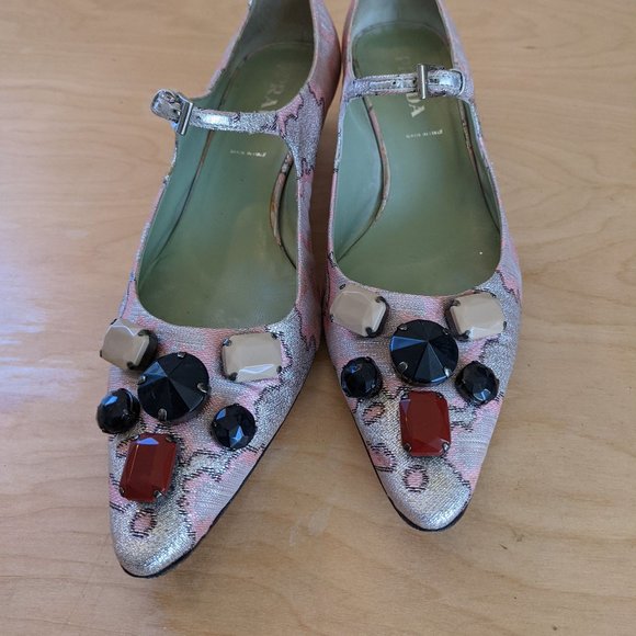 PRADA Vintage Brocade Pink Silver Metallic heels - Picture 6 of 10